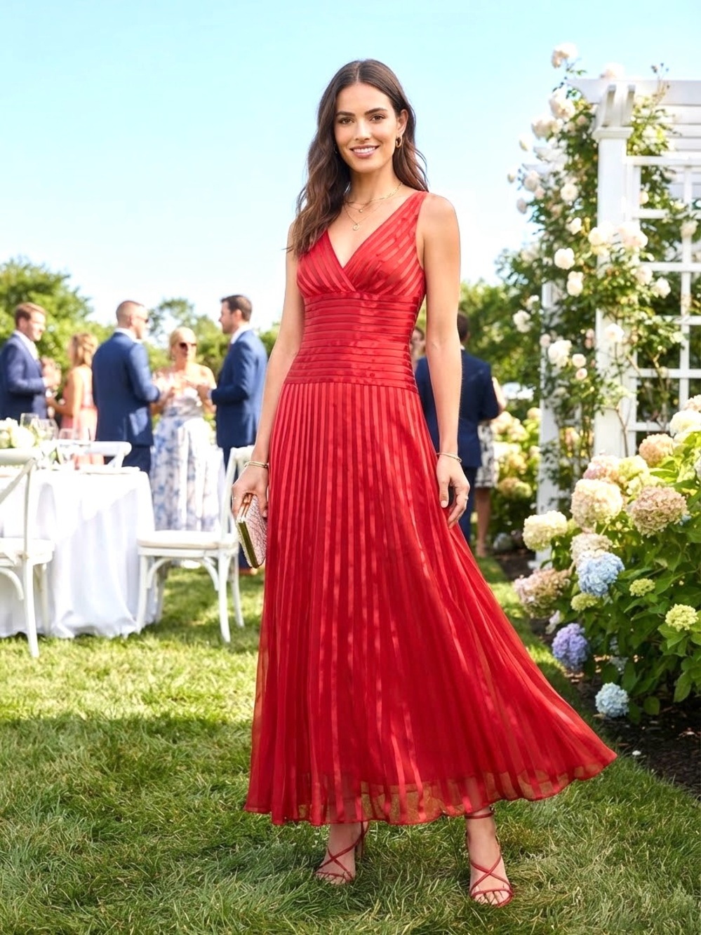 NT Red Sleeveless V-Neck Satin Strips Organza Silk Maxi Dress S